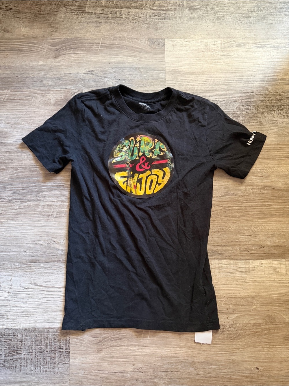 Hurley Black Short Sleeve Tee with Multi-Color 'Surf & Enjoy' Graphic